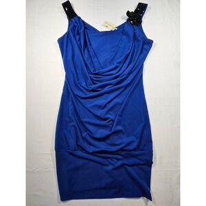 NWT Studio Y Royal Blue Draped Cowl Neck Sequin Strap Jewel Blouse Small